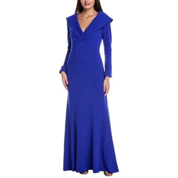 Tadashi Shoji Mystic Blue Crepe Sheath Portrait Collar Gown - Picture 1 of 2